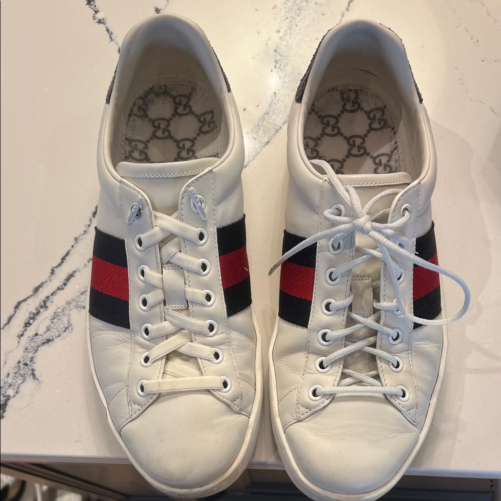 Gucci White Sneakers with Red and Black Stripes